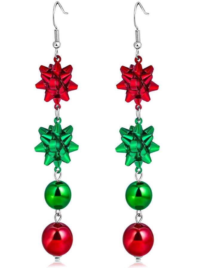 Nylry Christmas Earrings for Women Holiday Xmas Bow Earring for Women Red Green Festive Bow Drop Dangle Earrings Christmas Jewelry Accessories Outfits Gifts-bow&round - Image 1